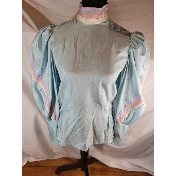 Blue Sky Tops - Vintage 80s Jane Elliot Sky Blue Pastel Victorian Extremely Puffed Sleeve Blouse